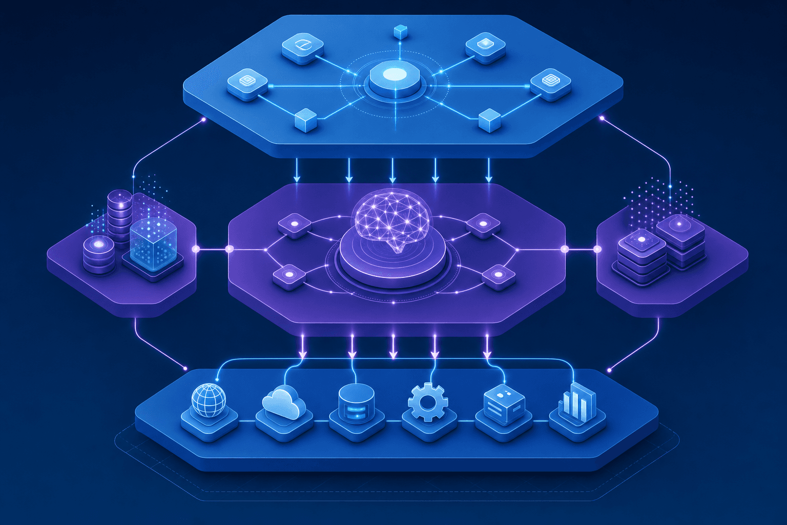 A clean technical diagram showing four connected layers of an agentic workflow system architecture: an orchestration layer at the top coordinating tasks, a reasoning core with AI decision-making in the center, memory systems storing context on one side, and tool integrations connecting to external systems at the bottom. Modern, professional style with connected nodes and data flow arrows between layers. Isometric or layered perspective. Blue and purple gradient color scheme. No text or labels.