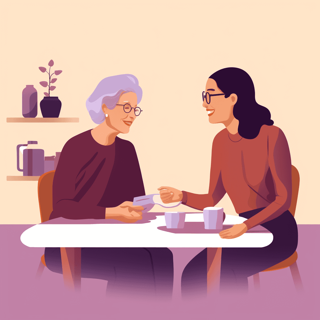 A young lady and an older woman, seated across from each other at a table, having a discussion.