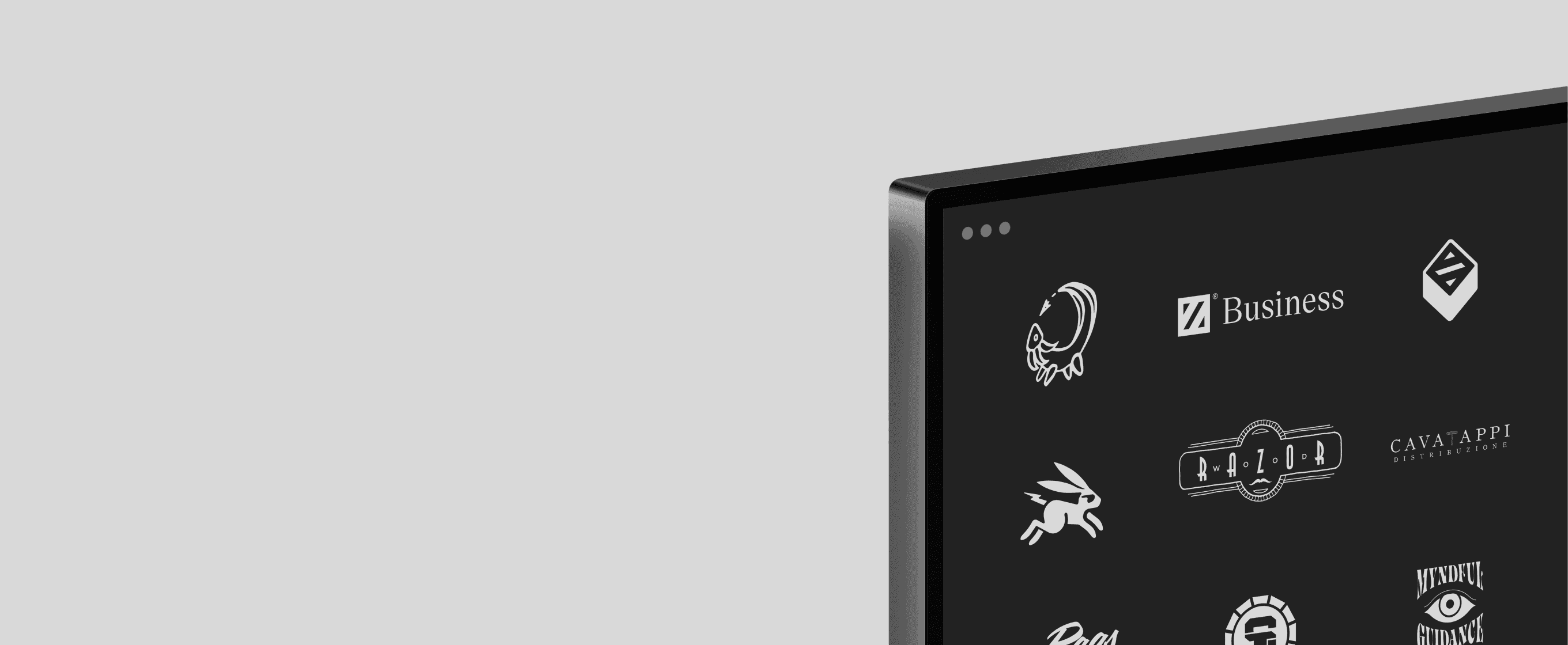 Logo and marks archive displayed on a dark monitor screen, featuring original brand marks spanning 2010 to 2026.