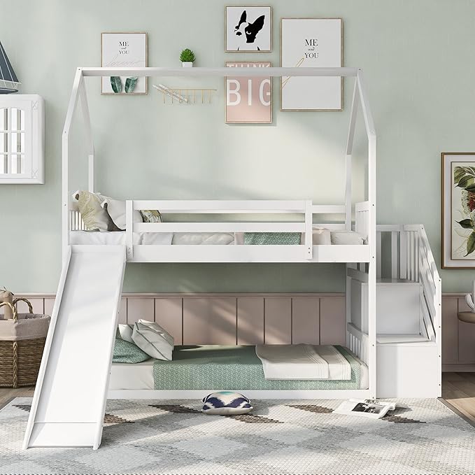 The bunk bed with slide and swing offers a sleek and contemporary look, ideal for productivity.