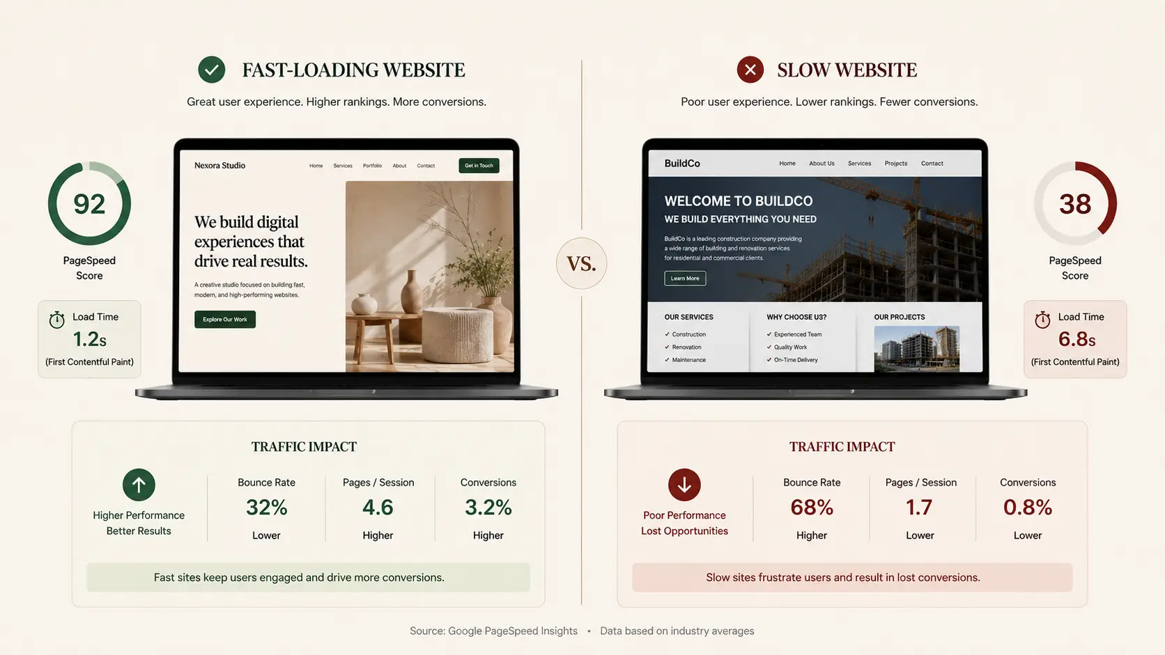 A split-screen comparison showing a fast-loading website (90+ PageSpeed score) vs. a slow one (sub-50 score), with visual indicators of load time difference and the traffic impact of each