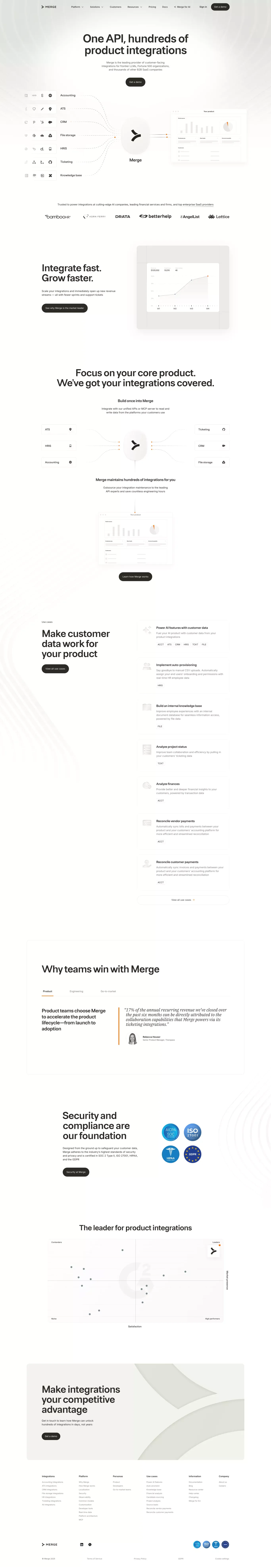Merge - One Unified API for all HR, Payr landing page screenshot showcasing Tech design