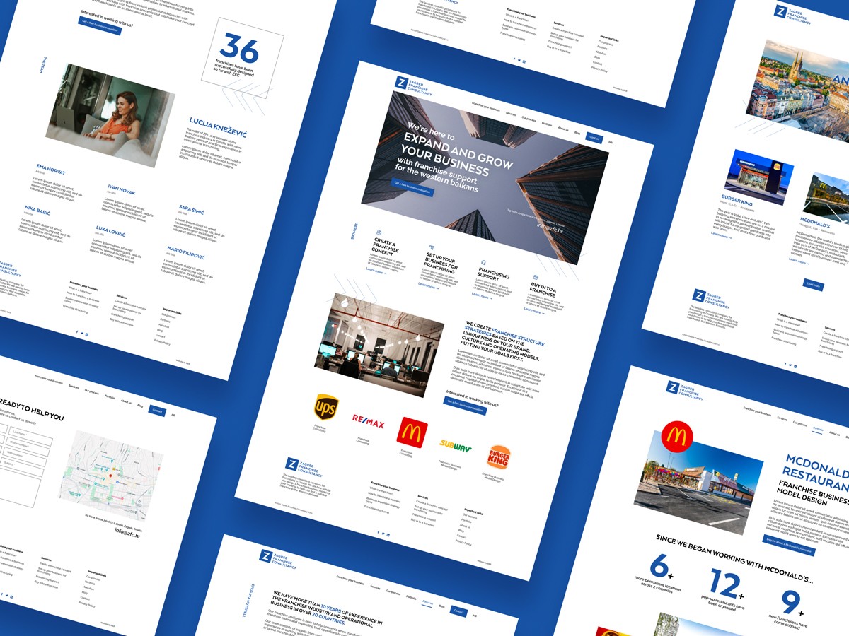 Website design for a franshise consultancy, with the image displaying homeage, about, contact, and case study