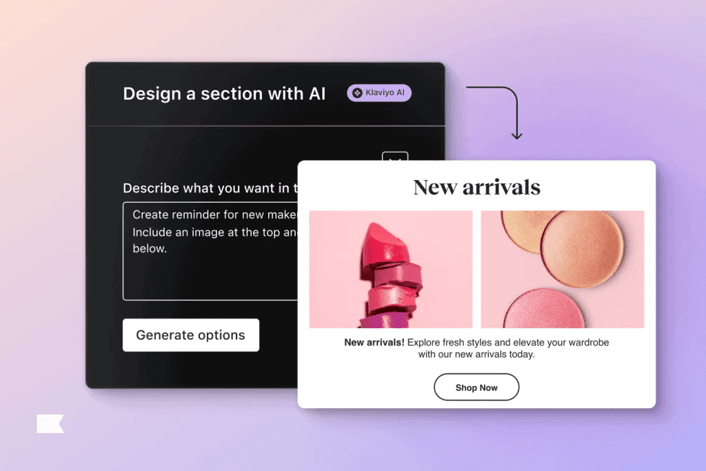 Klaviyo AI erstellt aus einem Textprompt einen E-Mail-Abschnitt New arrivals mit Make-up-Produkten