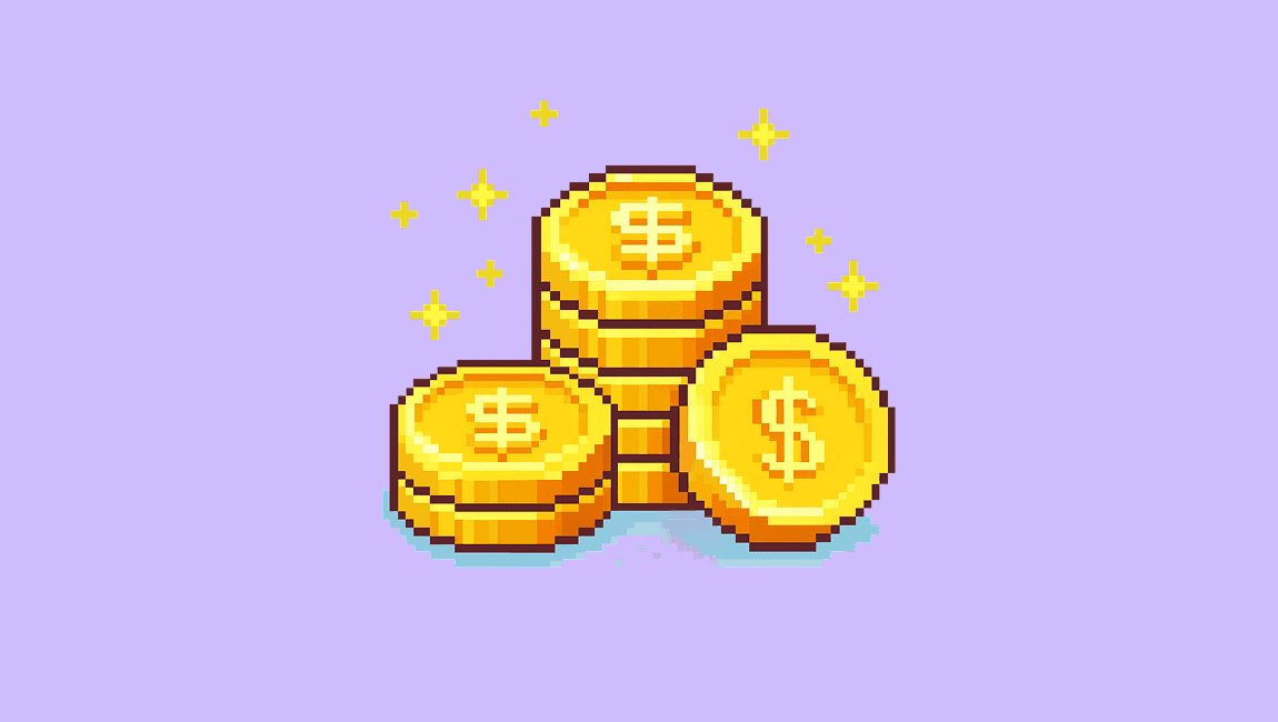 A pile of pixelated gold coins sparkling agaisnt a lilac coloured background
