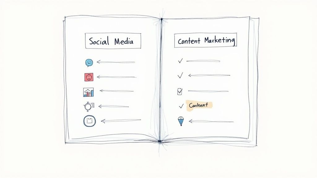 Hand-drawn open notebook comparing Social Media and Content Marketing strategies with icons and checklist items.