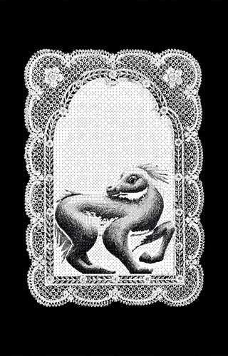 Affiche artistique en noir et blanc présentée dans un cadre ornemental baroque. L'image centrale montre une silhouette abstraite de forme organique sur fond clair, entourée d'une bordure décorative aux motifs floraux et géométriques complexes.