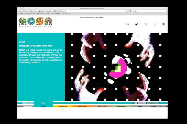 A screenshot shows a webpage for the Museum of Sound and Art (MOSA). The page displays a teal background with a central black square containing a pink circle with a green square inside. White squares are scattered across the black background. A navigation bar at the top of the page includes icons for email, sharing, and social media. The text “ABOUT MOSA OF SOUND AND ART” appears on the left. Below the black square, a navigation bar includes links for “About,” “Exhibitions,” “Workshop,” “Education,” “MOSA Store,” “Submit,” and “Fullscreen.” A copyright notice is visible near the top right.