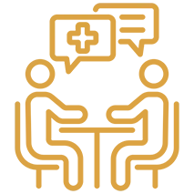 Two figures sitting at a table engaged in a conversation, represented with speech bubbles above their heads.