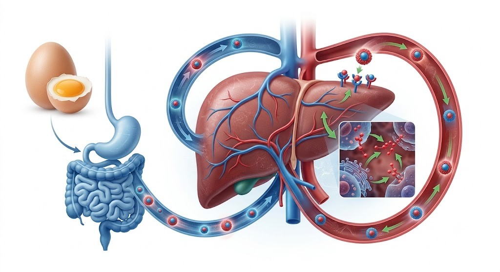 A 3D medical-style illustration without text, showing the process of cholesterol metabolism. A central human liver is connected to red and blue blood vessels transporting stylized LDL (red) and HDL (blue) cholesterol particles. An egg on the left side represents dietary cholesterol entering a digestive tract that leads to the liver, while the right side of the liver shows natural cholesterol production and regulation, all against a clean white background.