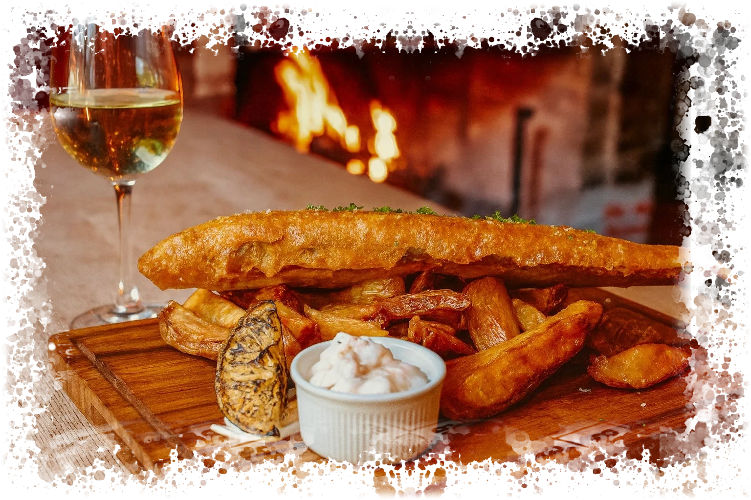 Fish and chips by the fire