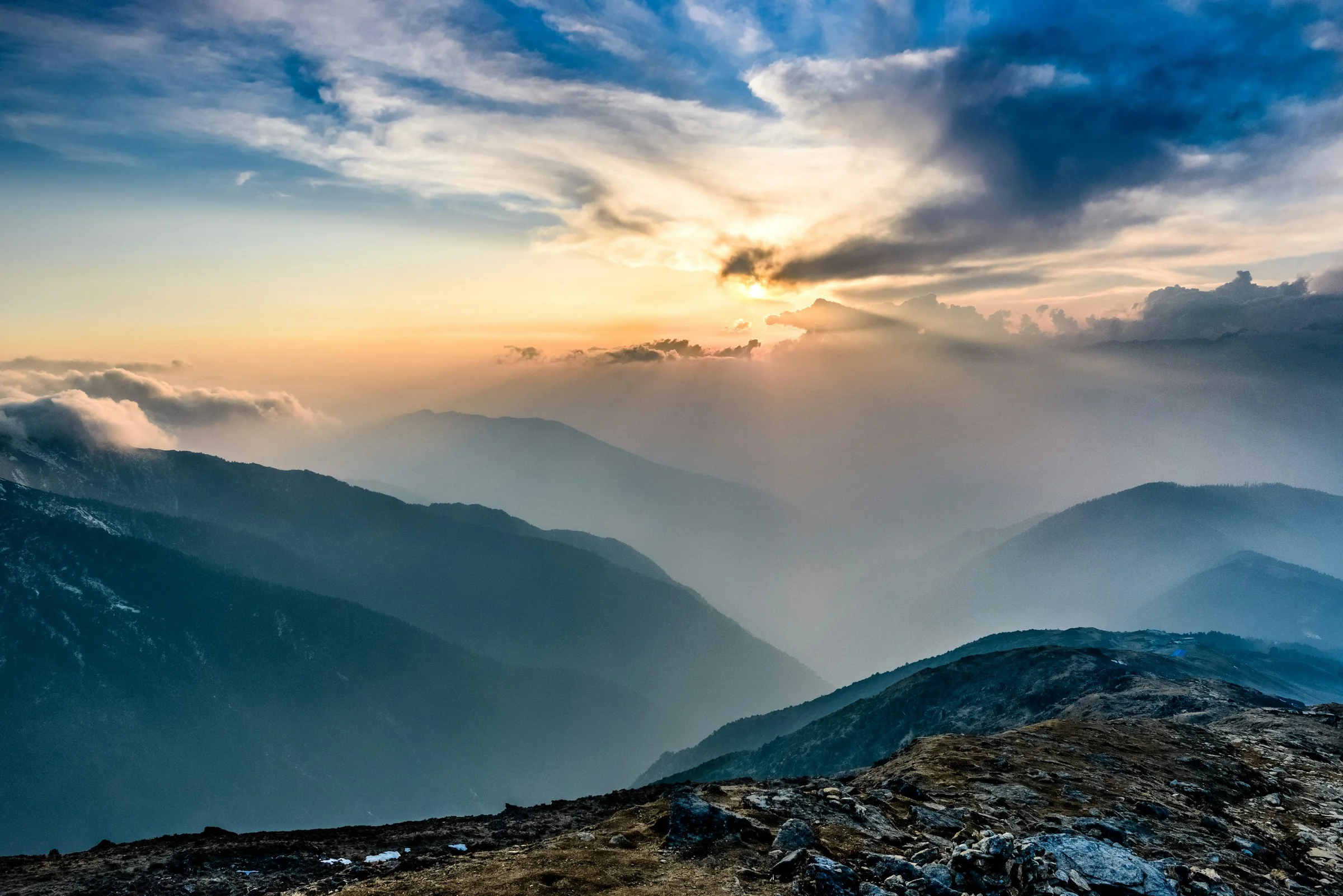 Mist and soft light across the layered ridges of Langtang National Park, Nepal.