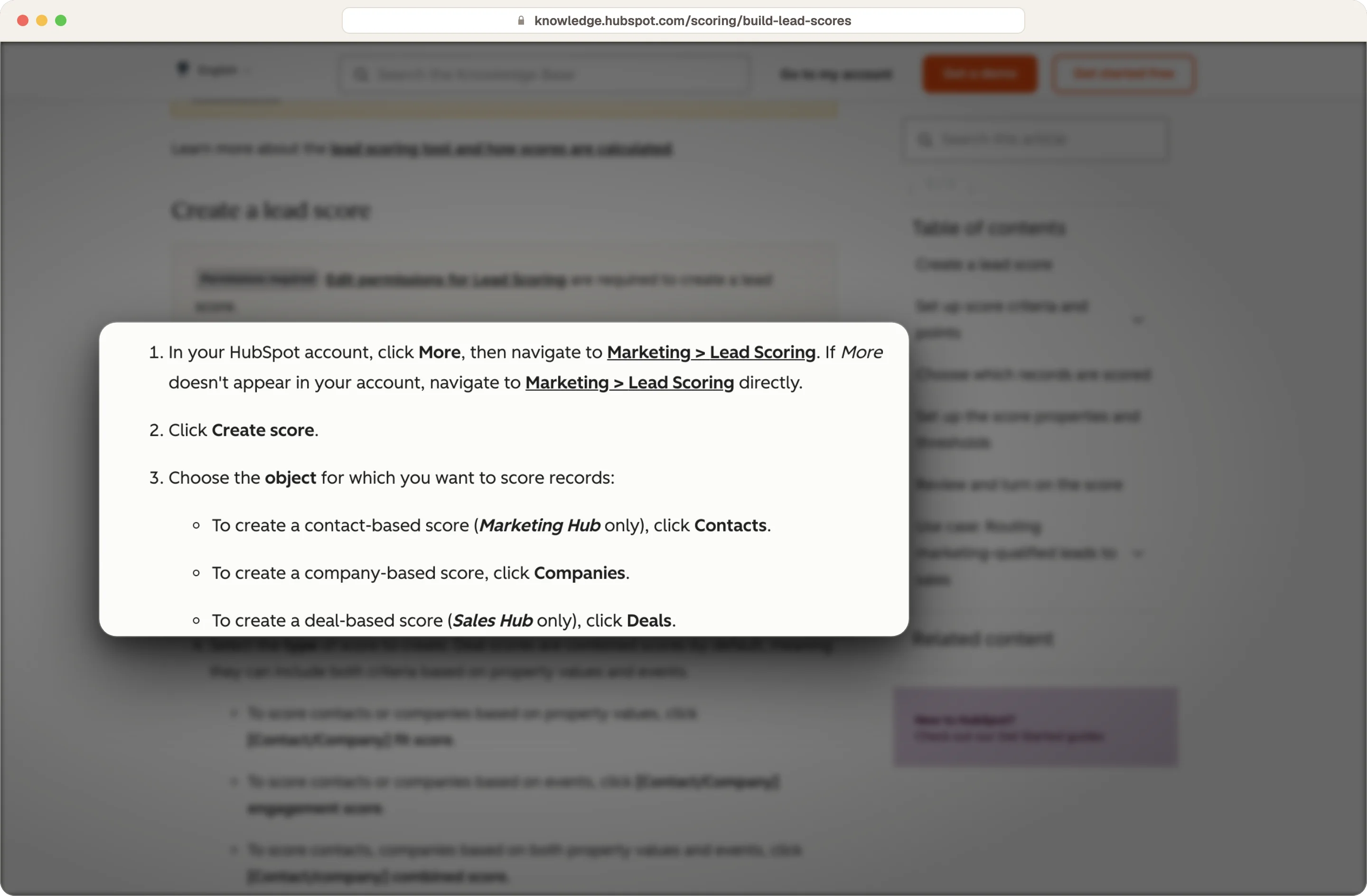 HubSpot steps to build a lead score: open Marketing, Lead Scoring, click Create score, choose the object