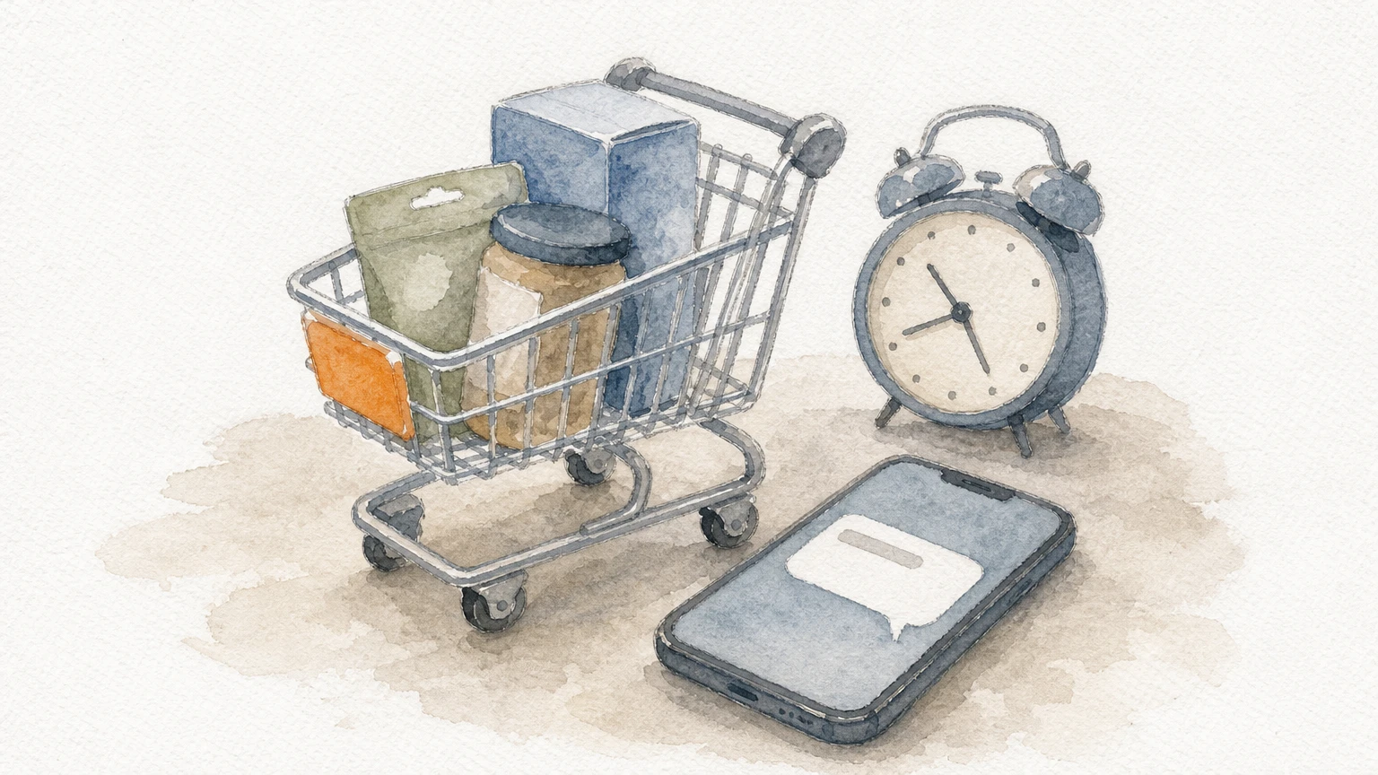 A shopping cart and an alarm clock on a desk, with a phone beside them, suggesting a reminder arriving at the right moment.