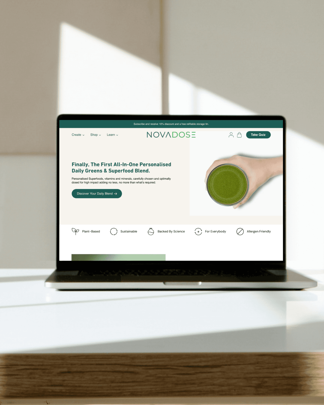 Nova Dose’s clean and wellness-focused interface communicates personalization, clarity, and science-driven nutrition.