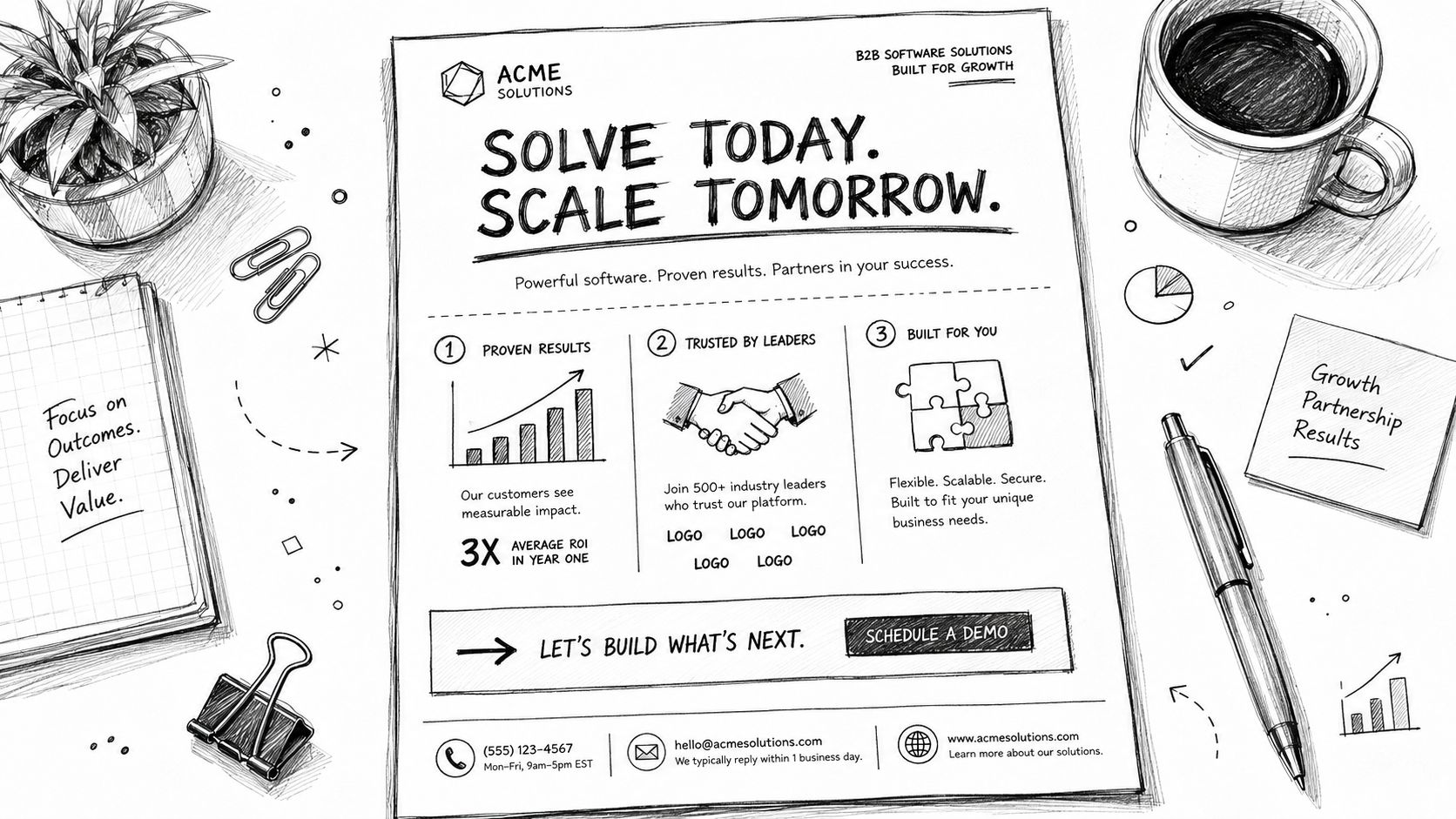 A hand-drawn sketch illustration of a B2B software solutions flyer placed on a desk with office supplies.