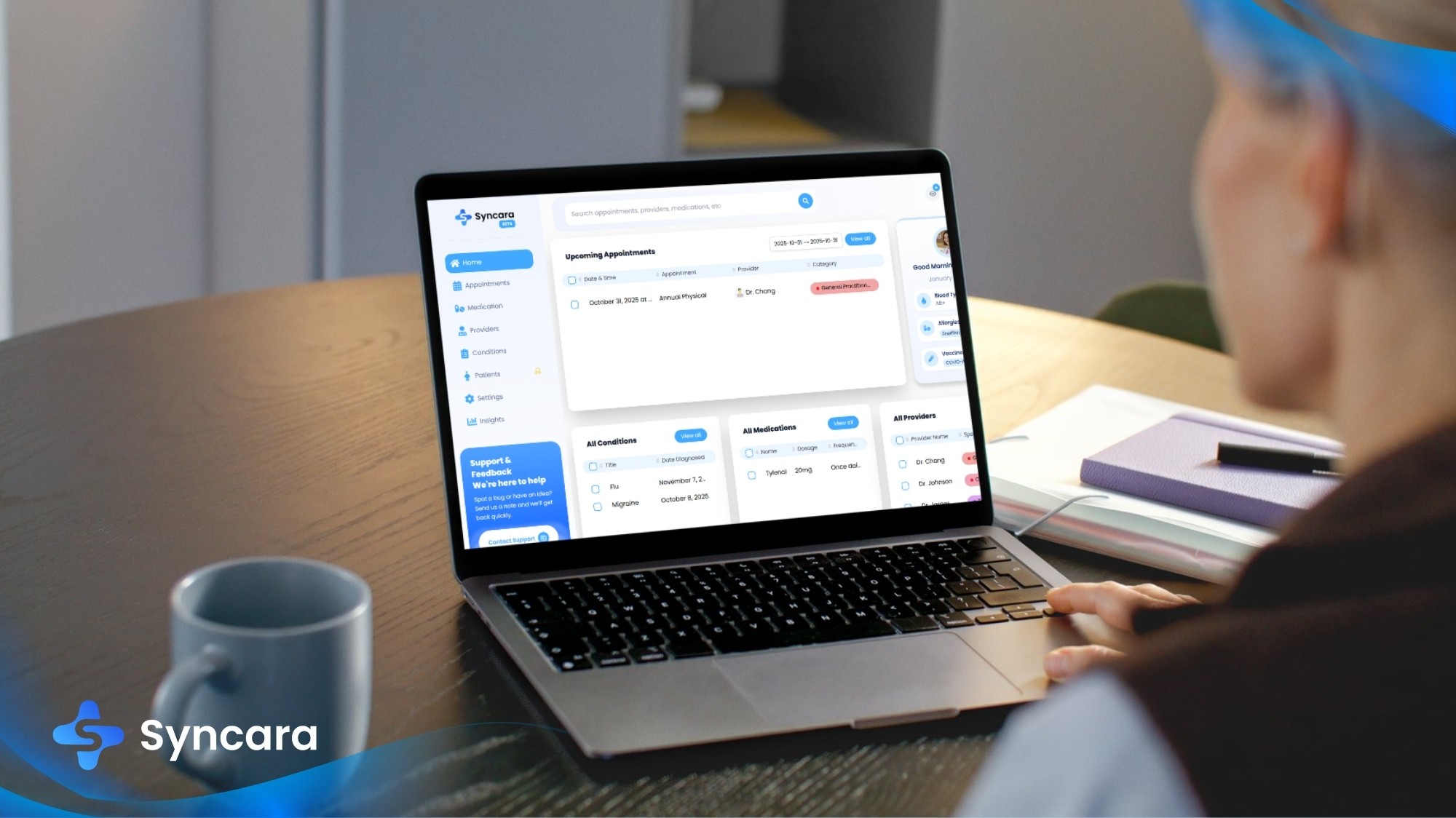 Person securely viewing their health records using Syncara
