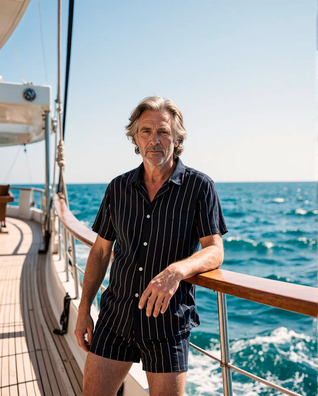 Nautical summer scene featuring a person in navy striped shirt and shorts standing on a yacht deck with turquoise sea in background