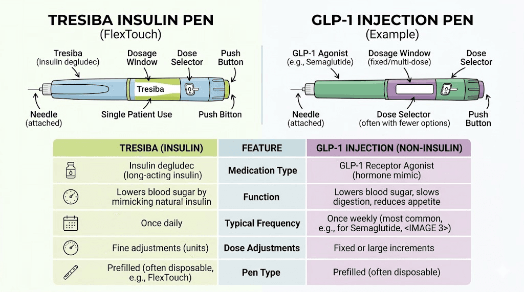 Tresiba insulin pen versus GLP-1 receptor agonist pen comparison