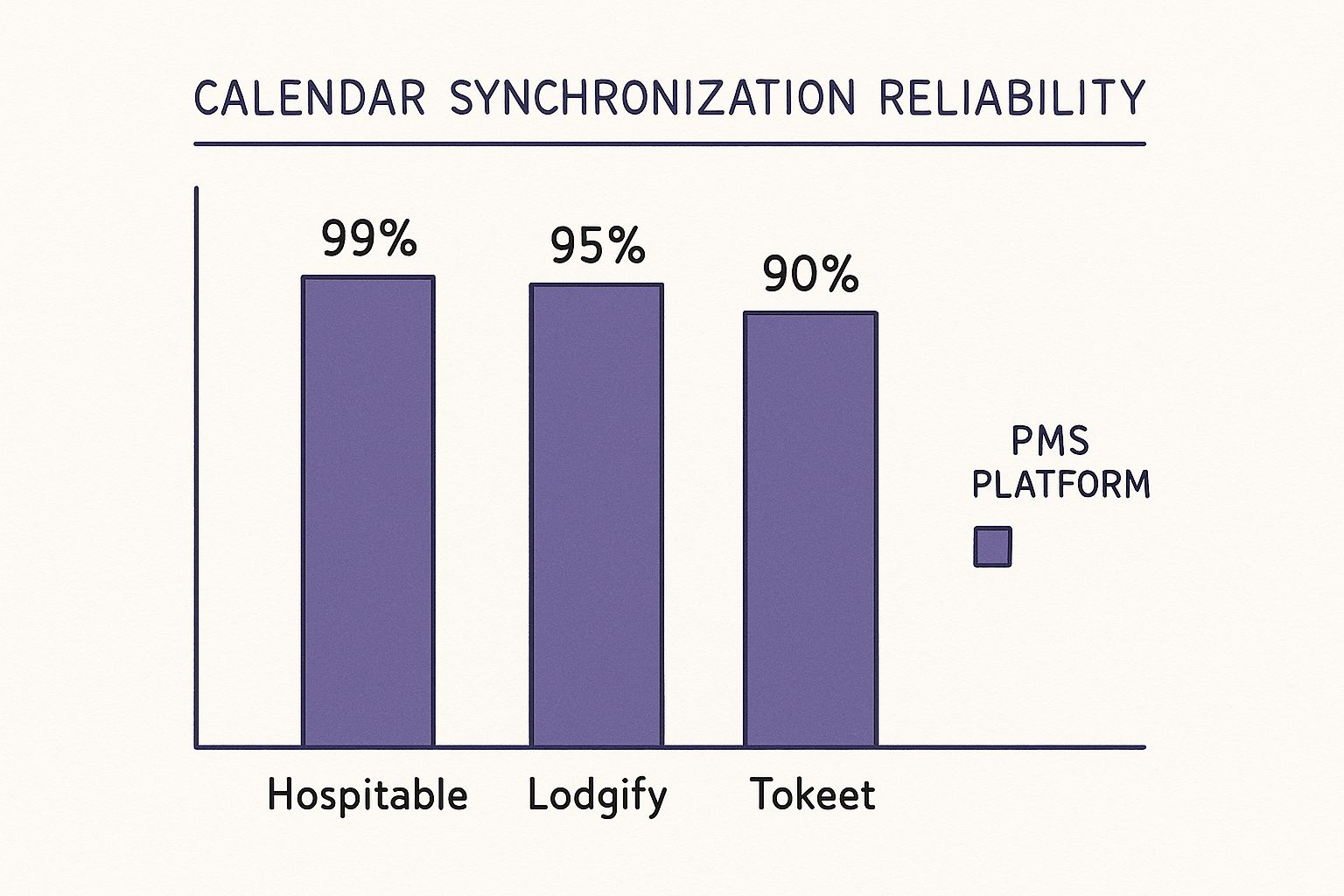 This infographic displays a simple bar chart comparing the calendar synchronization reliability of Hospitable at 99%, Lodgify at 95%, and Tokeet at 90%.