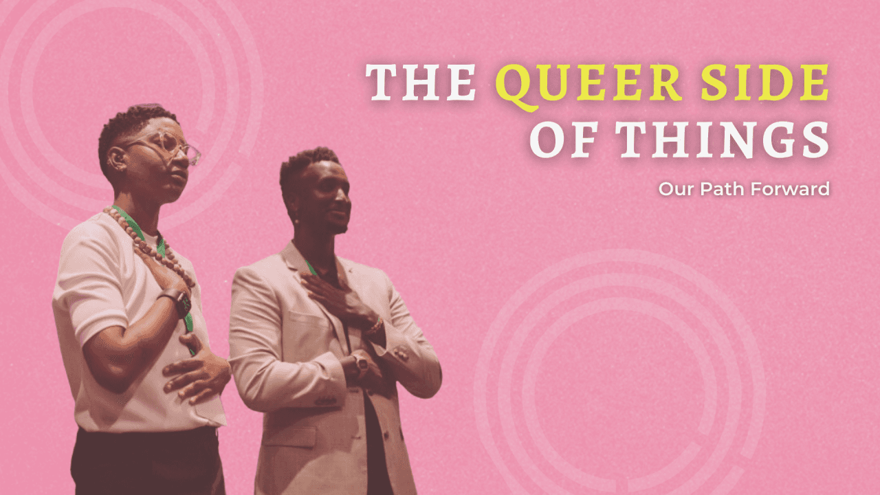 Two people stand beside each other against a pink background, with the text "The Quiet Side of Change" displayed above.