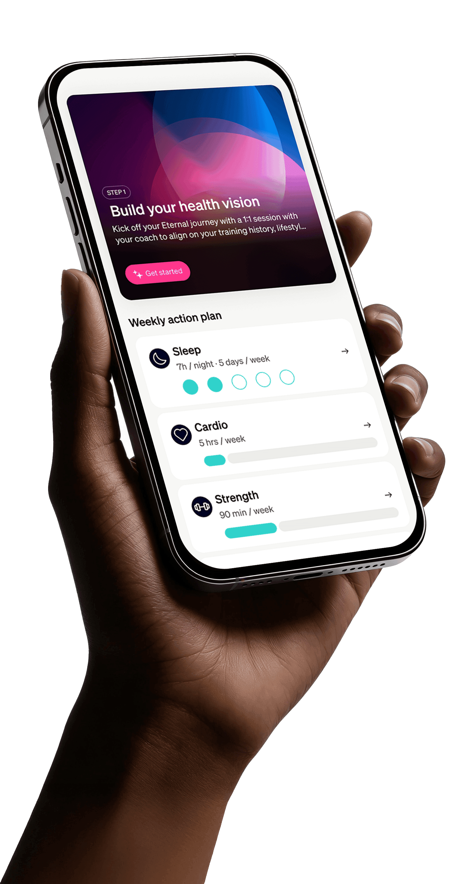 Eternal app interface showing personalized health dashboard on iPhone