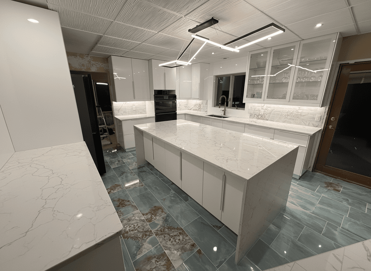 Same kitchen remodeled with modern white shaker cabinets, quartz countertops, and herringbone backsplash