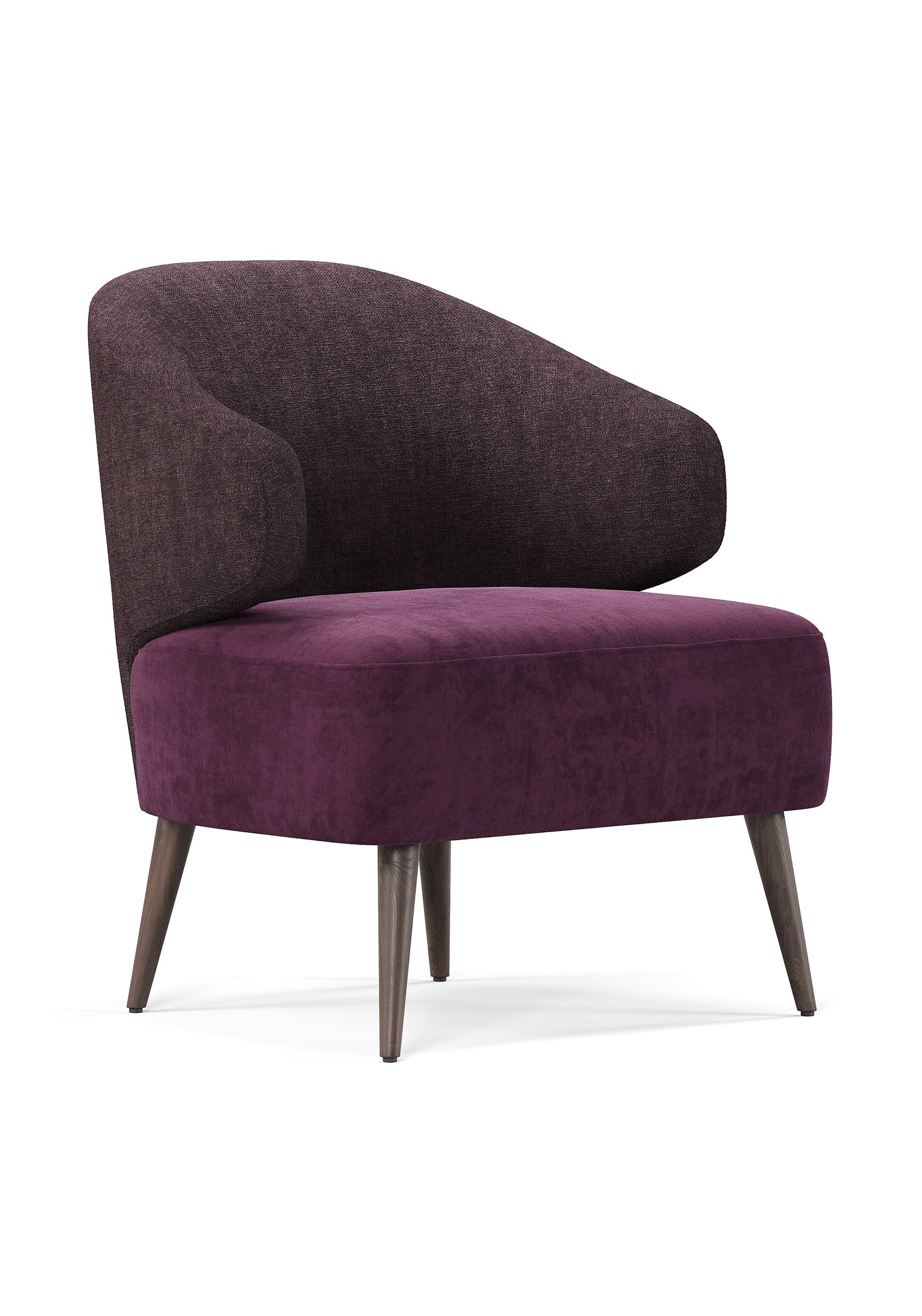 Upholstered accent chair with curved backrest and wooden legs in modern design