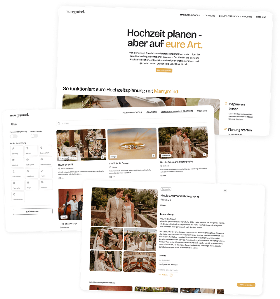 Marrymind Hochzeitsplattform für Würzburg und Mainfranken - Übersicht von Hochzeitsplanungstools, Dienstleister-Suche, Locations und Budgetplaner für die digitale Hochzeitsplanung