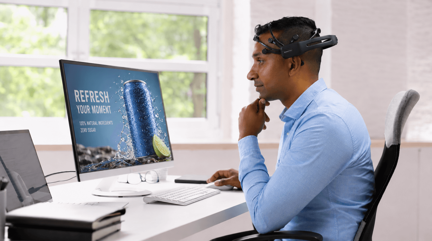 Participant tests a beverage marketing campaign using Emotiv Studio and an Emotiv Epoc EEG headset to measure real-time audience attention and engagement.