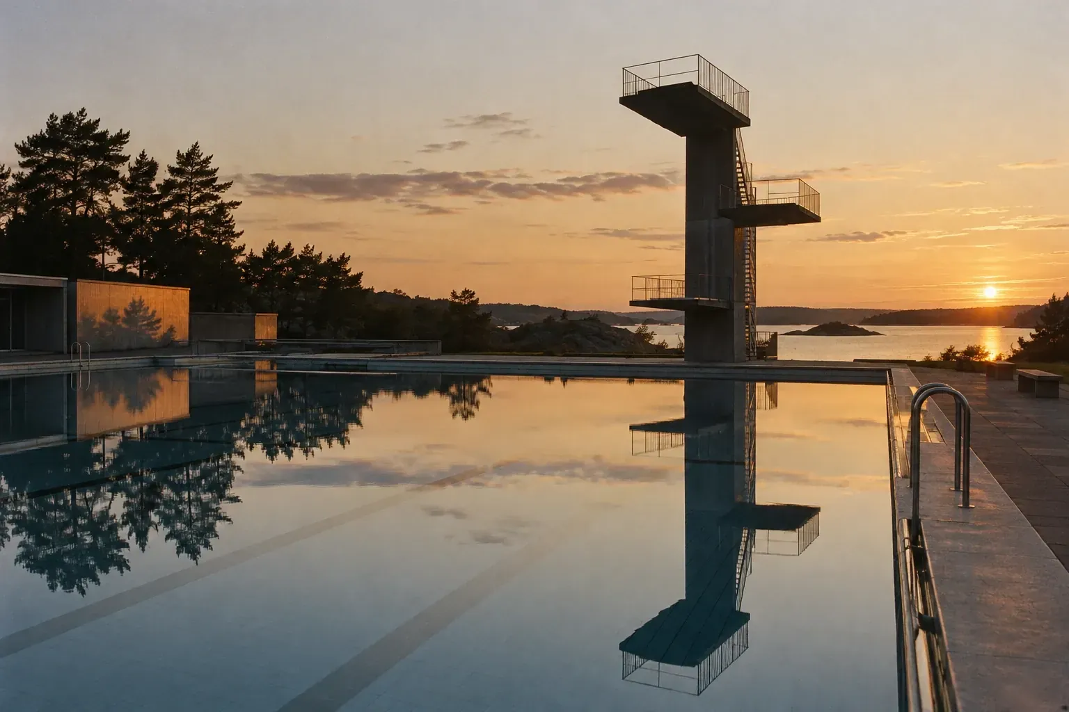 An empty outdoor swimming pool by the sea at sunset, a concrete diving tower reflected in the still water.
