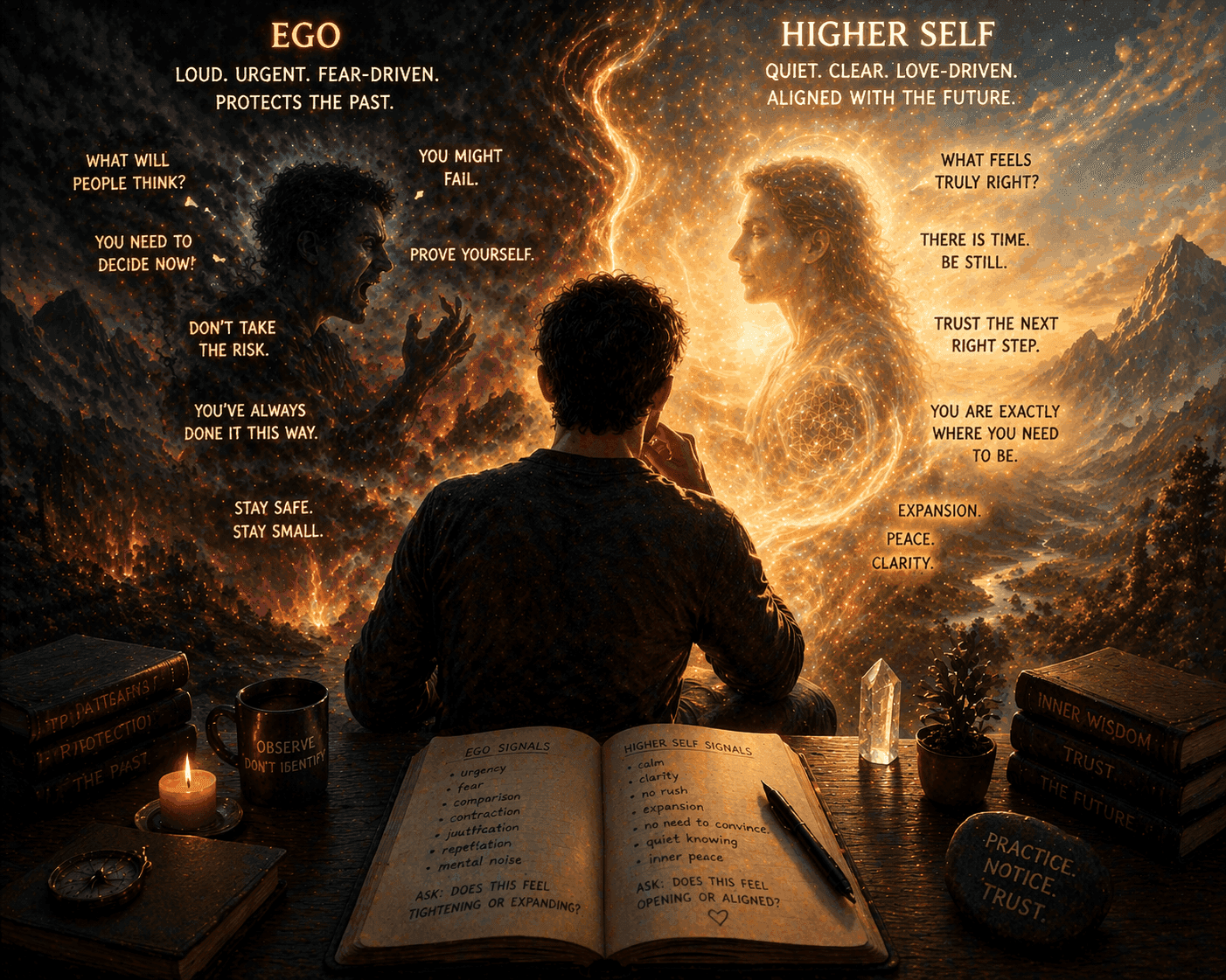 A man caught between fear-driven thoughts and a calm inner knowing