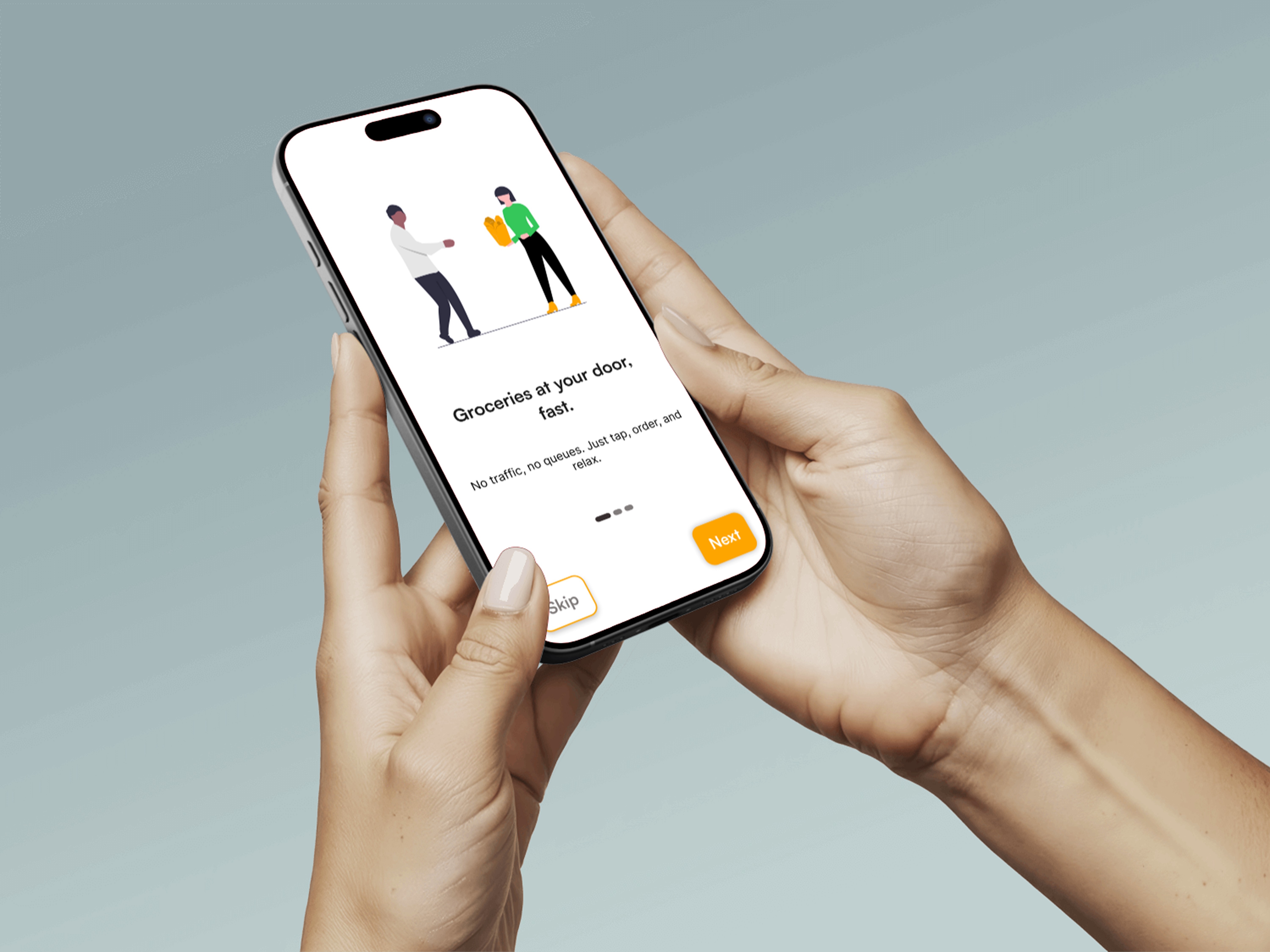 hands holding iphone, QuikCart app, onboarding screen