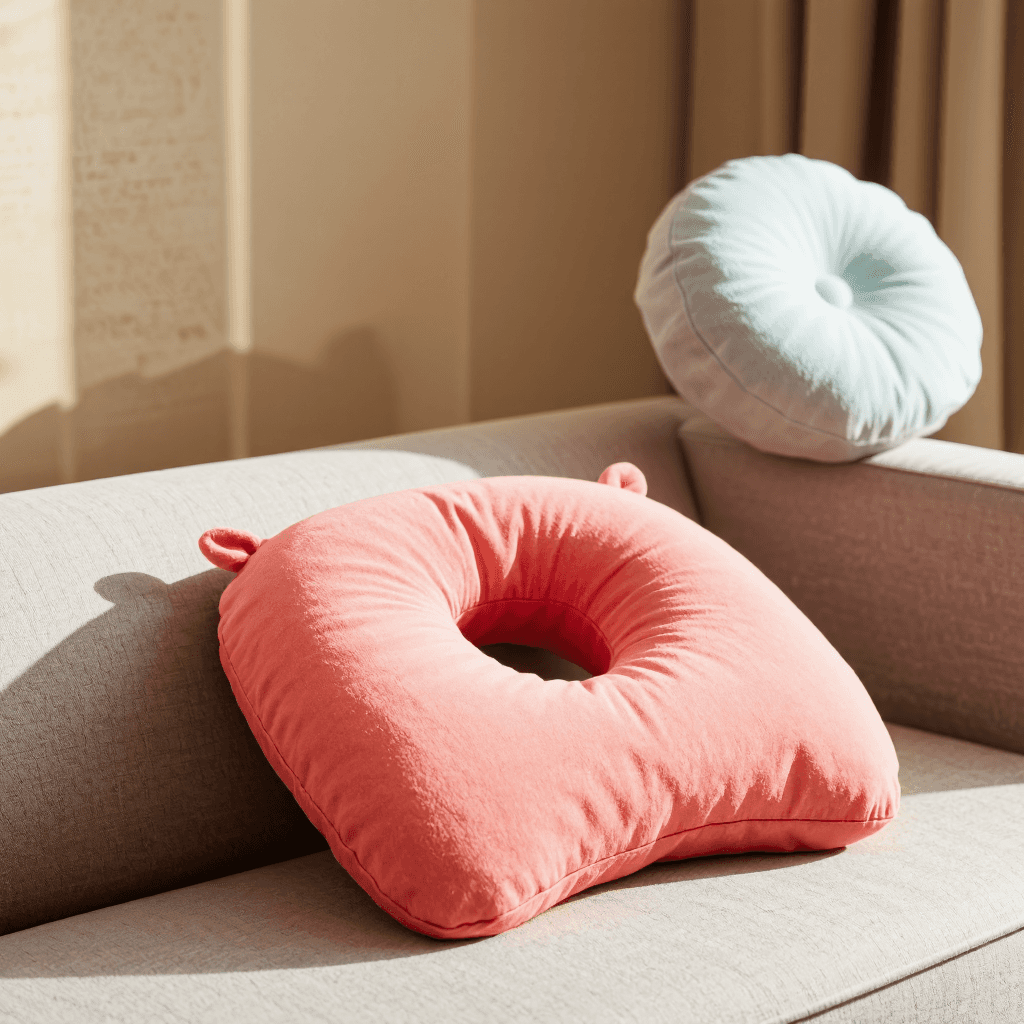 product photography of a plush neck pillow shaped like a hippo