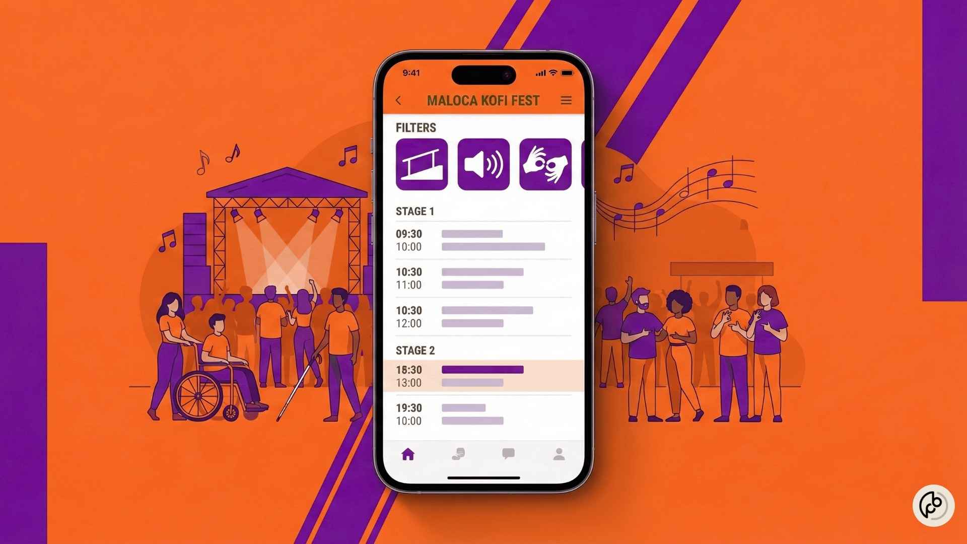 Retangulo laranja com simbolos geométricos roxos. Computador central com computador desktop e fluxo de trabalho