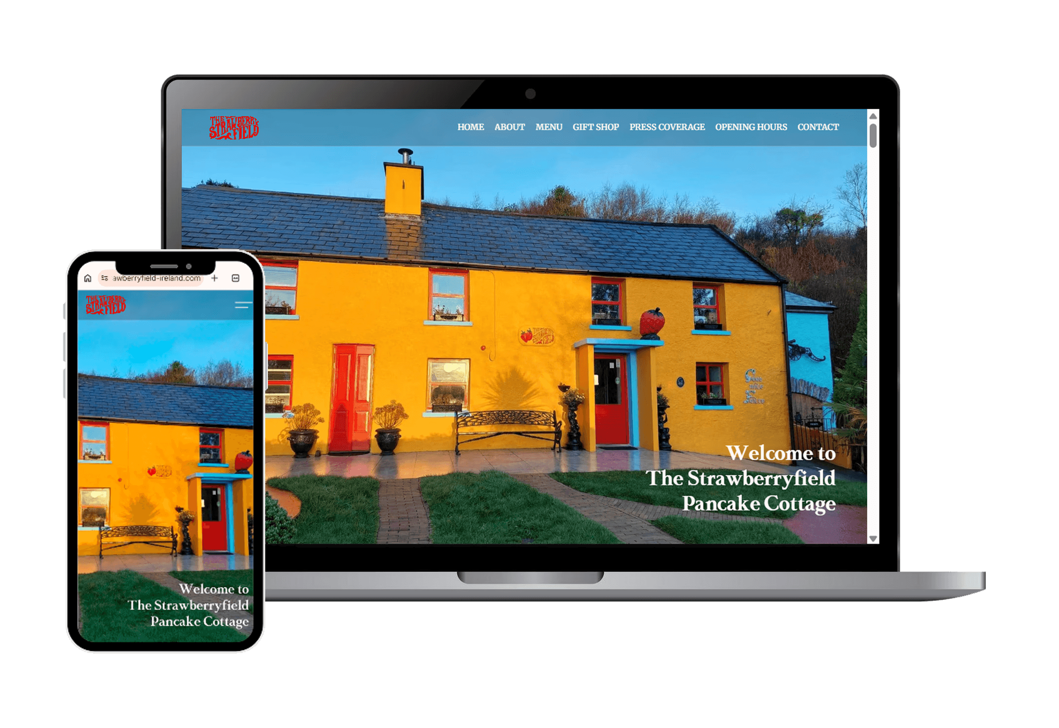 Responsive web design mockup for 'The Boutique Suite' four-page web design service, showcasing The Strawberryfield Pancake Cottage website on laptop and smartphone screens.