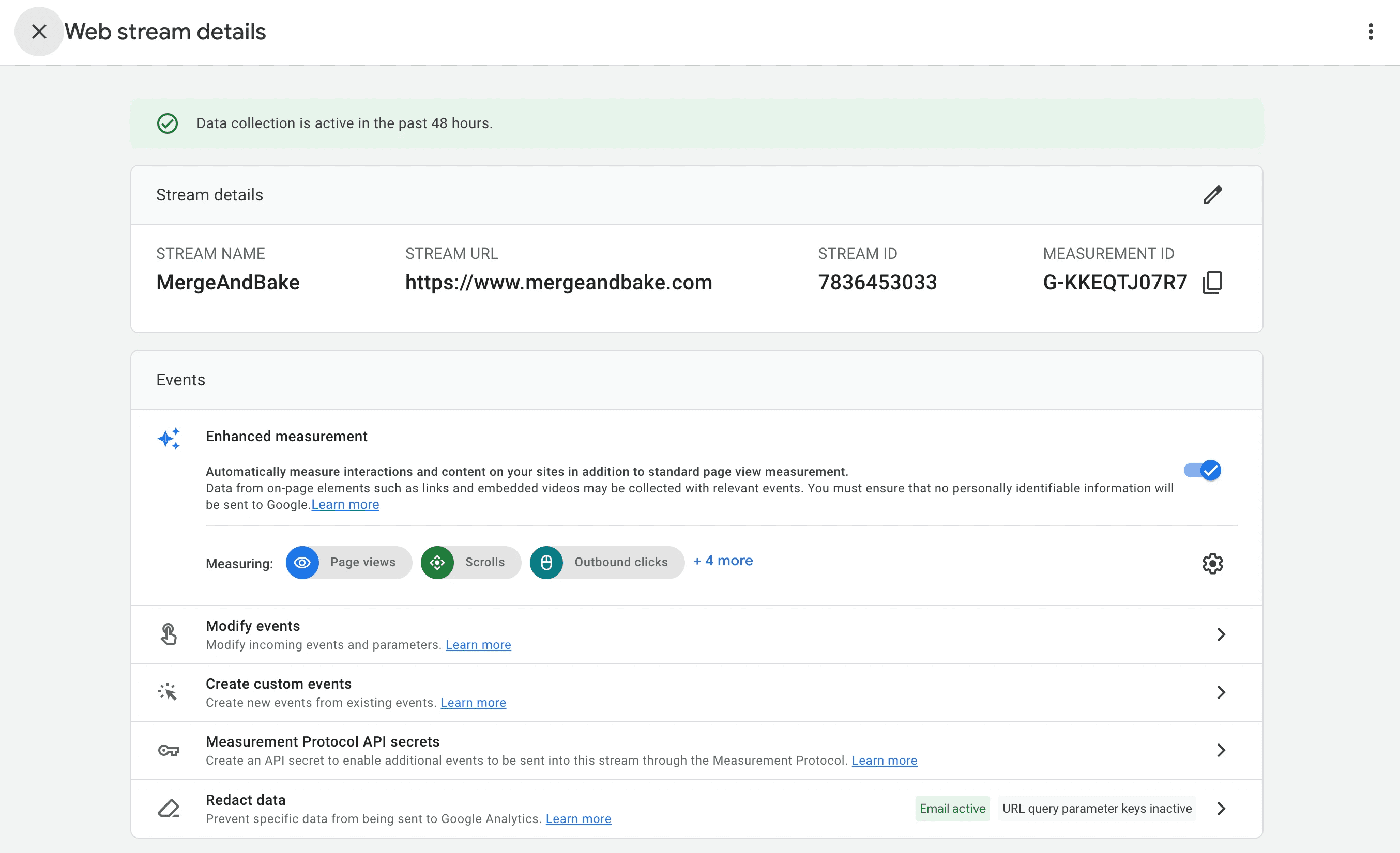 Google Analytics web stream details screen showing active data collection, measurement ID, enhanced measurement settings, and tracked events like page views, scrolls, and outbound clicks.
