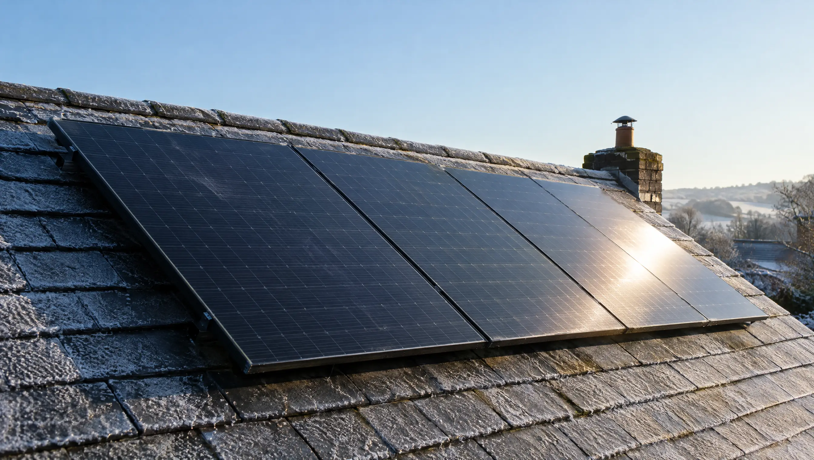 Solar panels on a frosty slate roof in low winter sun