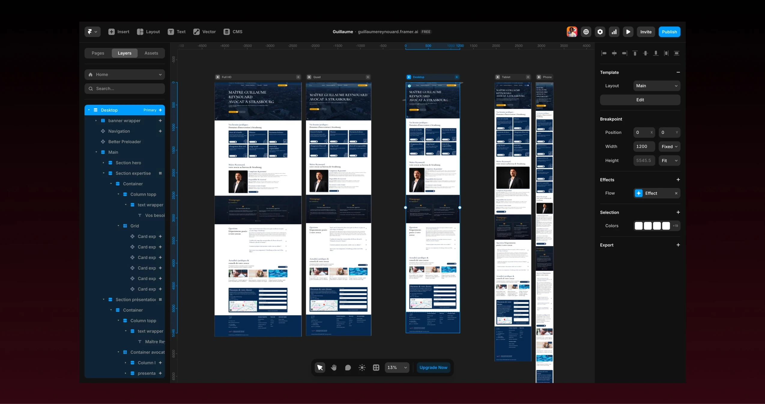 Le site en cours de développement dans l’éditeur Framer, avec ses breakpoints Full HD, desktop, tablette et mobile