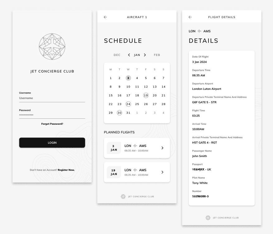 Wireframes showing login, home, and flight details