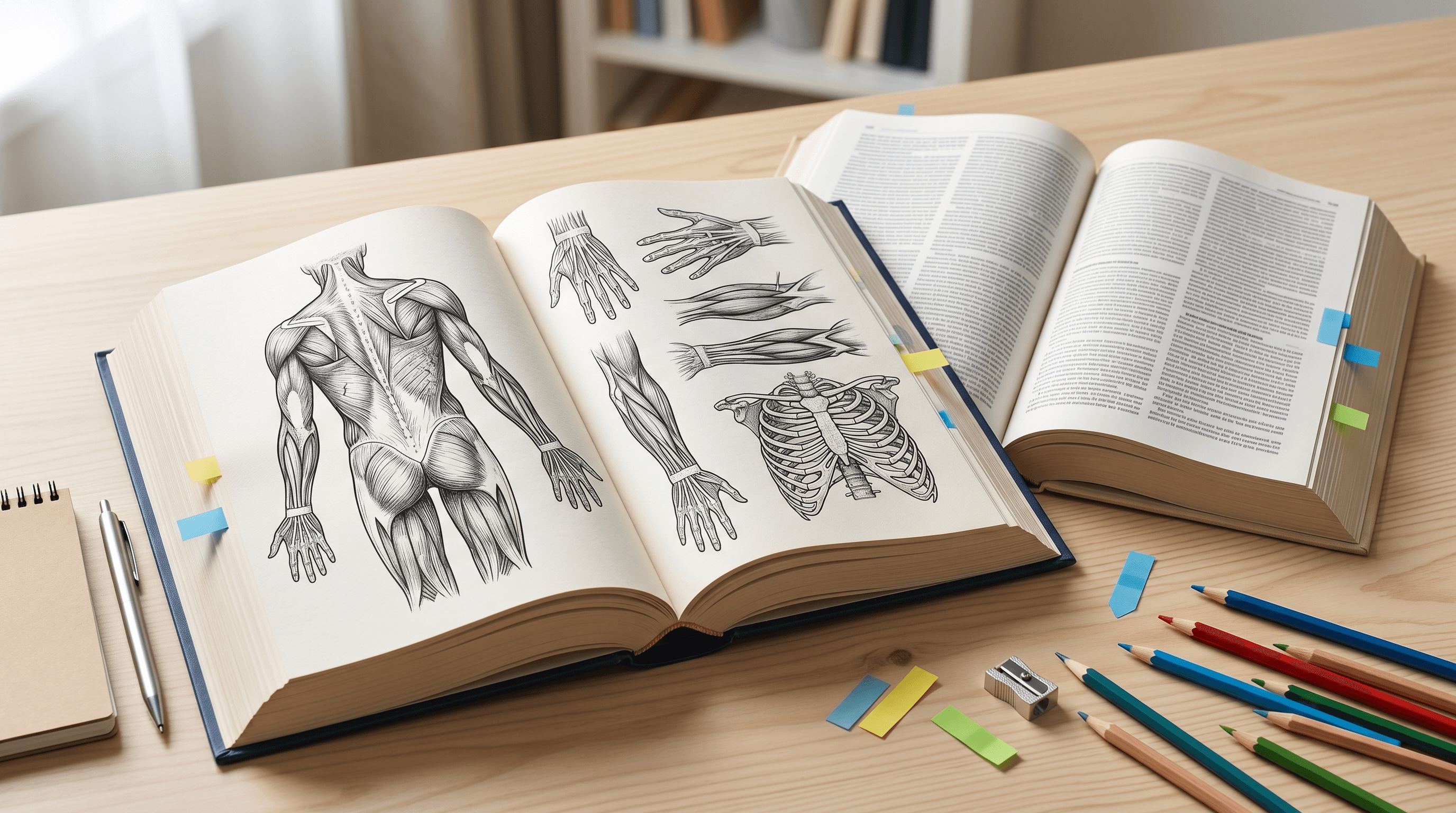 Two open anatomy books with different page density