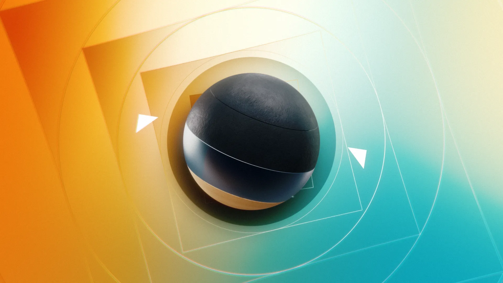 Abstract design featuring a circular black shape surrounded by gradient orange and teal colors.