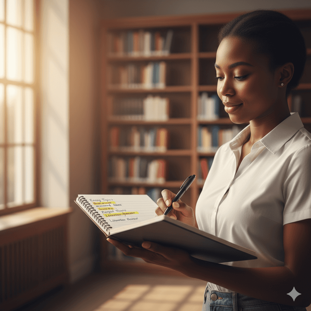 A student holding a notebook with topic ideas, library shelves blurred in the background, warm academic lighting, clean modern academic aesthetic.