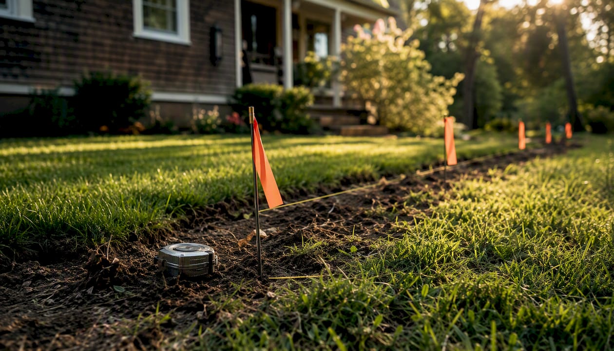 Survey stakes marking fence property boundary
