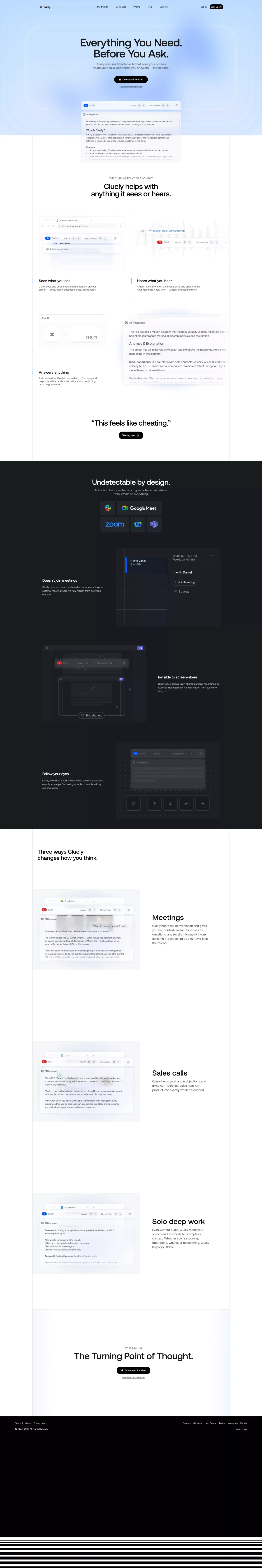 Cluely landing page screenshot showcasing AI and Tech design