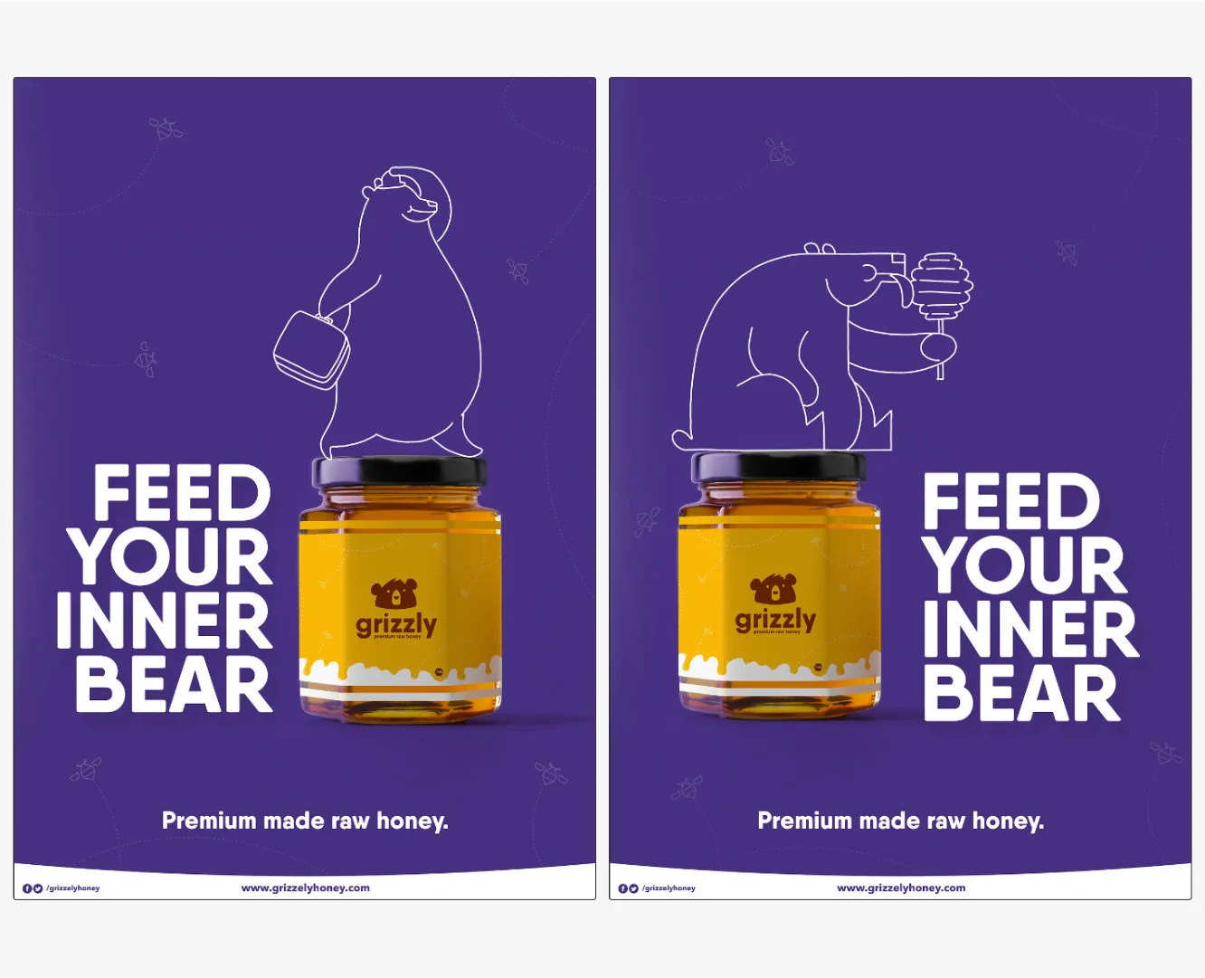 Creative poster campaign for Grizzly Honey by Made by Campfire, featuring "Feed Your Inner Bear" slogan, custom grizzly bear line illustrations, and a high-contrast purple and yellow color palette.