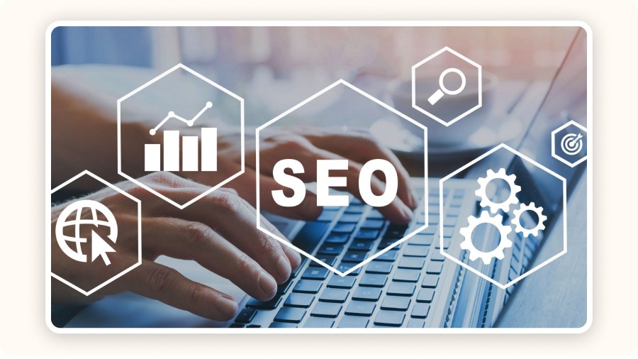 laptop surrounded by SEO-related icons