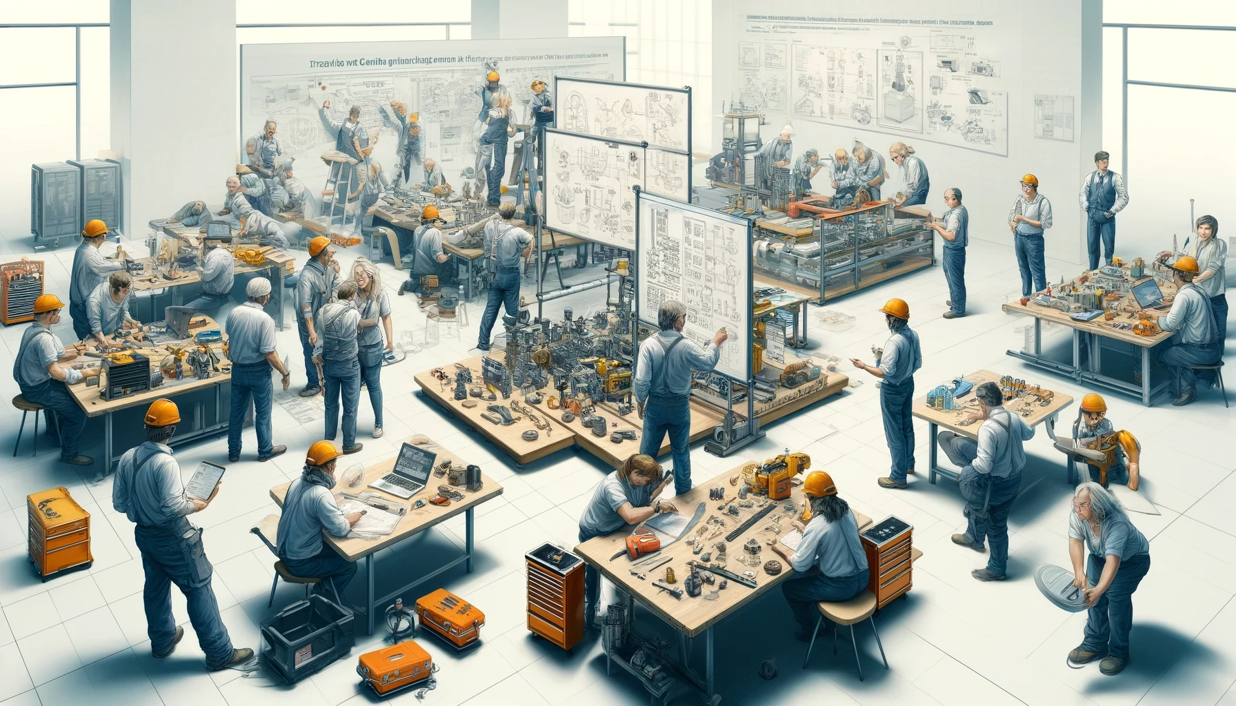 The image depicts a busy and collaborative engineering workshop or lab where individuals are engaged in various hands-on activities related to mechanical and industrial engineering. Key elements of the image include:  Workshop Environment:  Spacious Interior: The workshop is a large, open space with ample natural light coming through windows, creating a bright and conducive environment for detailed work. Whiteboards and Diagrams: Walls and boards are covered with technical drawings, diagrams, and schematics, indicating a focus on detailed planning and design. Workstations and Activities:  Engineering Workbenches: Several workbenches are scattered throughout the workshop, each filled with mechanical parts, tools, and equipment. Engineers are actively working on various projects. Tools and Equipment: The workstations are equipped with a variety of tools such as screwdrivers, wrenches, pliers, and specialized equipment for mechanical assembly and testing. Team Collaboration:  Groups of Engineers: Teams of engineers are working together, discussing plans, and collaborating on projects. This highlights a team-oriented approach to problem-solving and innovation. Instruction and Guidance: Some individuals appear to be instructing or guiding others, suggesting a mix of experienced engineers mentoring newer team members. Hands-On Work:  Assembling and Testing: Engineers are engaged in hands-on activities like assembling mechanical components, testing machinery, and fine-tuning devices. Use of Technology: Laptops and tablets are used alongside traditional tools, indicating an integration of modern technology with hands-on engineering practices. Safety and Organization:  Safety Gear: Many of the individuals are wearing safety gear such as hard hats, emphasizing the importance of safety in the workshop environment. Organized Space: Despite the busy activities, the workshop appears organized with tools and materials neatly arranged, ensuring efficiency and safety. Educational and Research Focus:  Detailed Drawings and Notes: Detailed technical drawings and notes are prominently displayed, suggesting a strong emphasis on precision and documentation in engineering tasks. Diverse Projects: The variety of projects and activities indicate a research-oriented environment where multiple engineering problems are being addressed simultaneously. Interactive Learning:  Engaged Individuals: People are deeply focused on their tasks, indicating a high level of engagement and dedication to their work. Dynamic Interaction: There is a dynamic interaction between individuals, fostering a collaborative and productive atmosphere. Overall, the image portrays a vibrant and productive engineering workshop where collaboration, hands-on work, and detailed technical planning are central to the environment. The integration of modern technology with traditional engineering practices highlights a comprehensive approach to innovation and problem-solving in mechanical and industrial engineering.