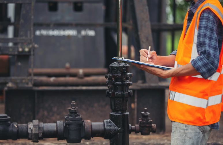 Worker doing routine inspection on oilfield equipment.