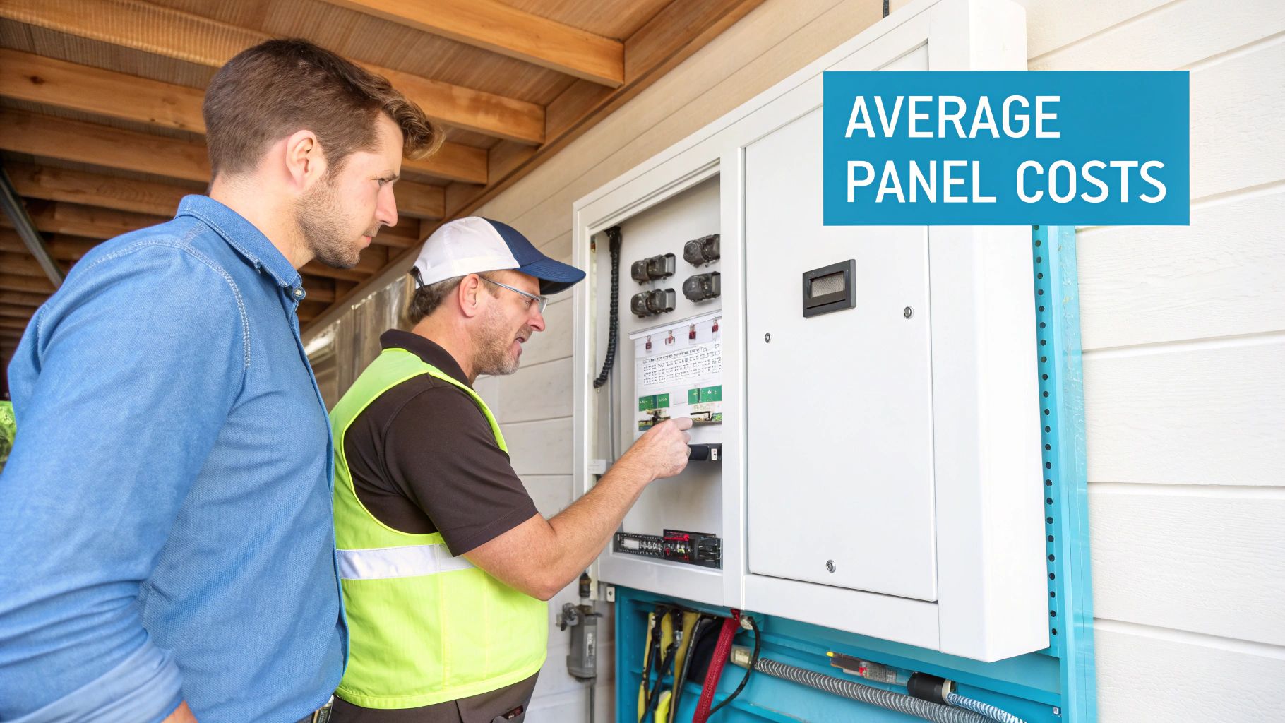 An electrician and a customer inspecting an open electrical panel with circuit breakers.